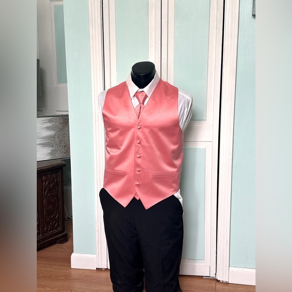 Coral Salmon Pink Orange Satin Closed Back Vest Wedding Prom Men’s Small